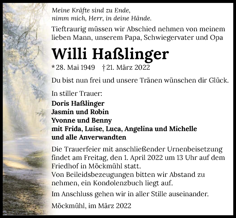  Traueranzeige für Willi Haßlinger vom 26.03.2022 aus GESAMT