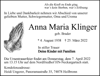 Traueranzeige von Anna Maria Klinger von GESAMT