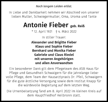 Traueranzeige von Antonie Fieber von GESAMT