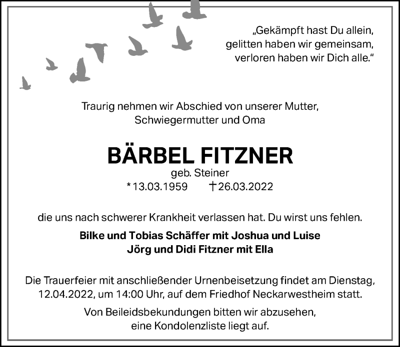  Traueranzeige für Bärbel Fitzner vom 09.04.2022 aus GESAMT