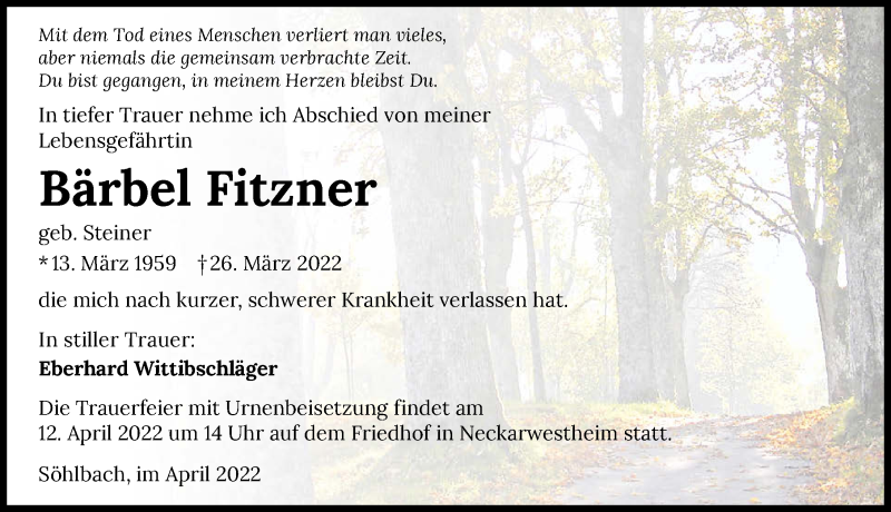  Traueranzeige für Bärbel Fitzner vom 09.04.2022 aus GESAMT