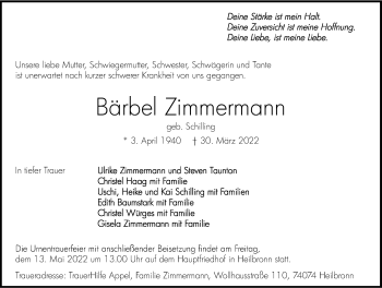 Traueranzeige von Bärbel Zimmermann von GESAMT