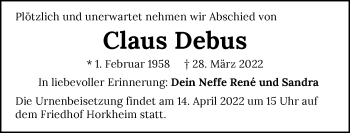 Traueranzeige von Claus Debus von GESAMT