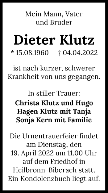 Traueranzeige von Dieter Klutz von GESAMT