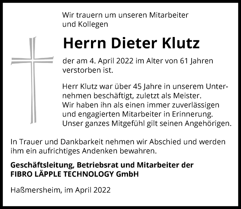  Traueranzeige für Dieter Klutz vom 13.04.2022 aus GESAMT