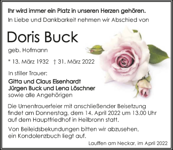 Traueranzeige von Doris Buck von GESAMT