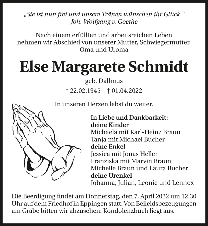  Traueranzeige für Else Margarete Schmidt vom 06.04.2022 aus GESAMT