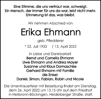 Traueranzeige von Erika Ehmann von GESAMT