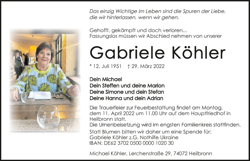  Traueranzeige für Gabriele Köhler vom 02.04.2022 aus GESAMT