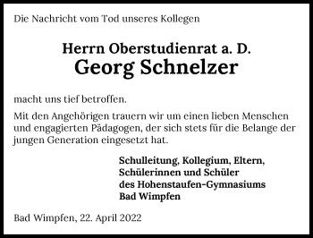 Traueranzeige von Georg Schnelzer von GESAMT