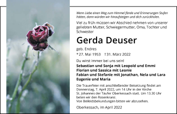 Traueranzeige von Gerda Deuser von GESAMT