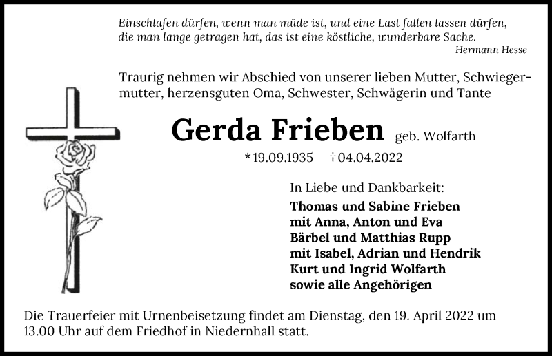  Traueranzeige für Gerda Frieben vom 13.04.2022 aus GESAMT