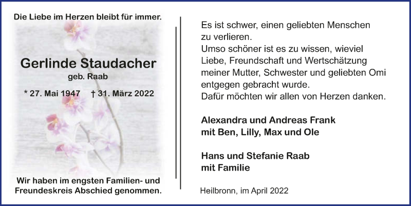  Traueranzeige für Gerlinde Staudacher vom 16.04.2022 aus GESAMT