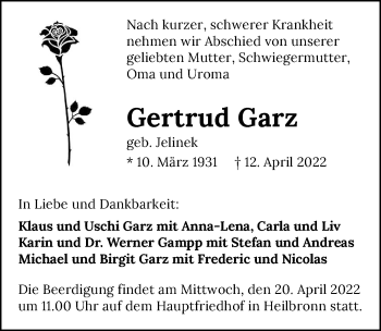 Traueranzeige von Gertrud Garz von GESAMT