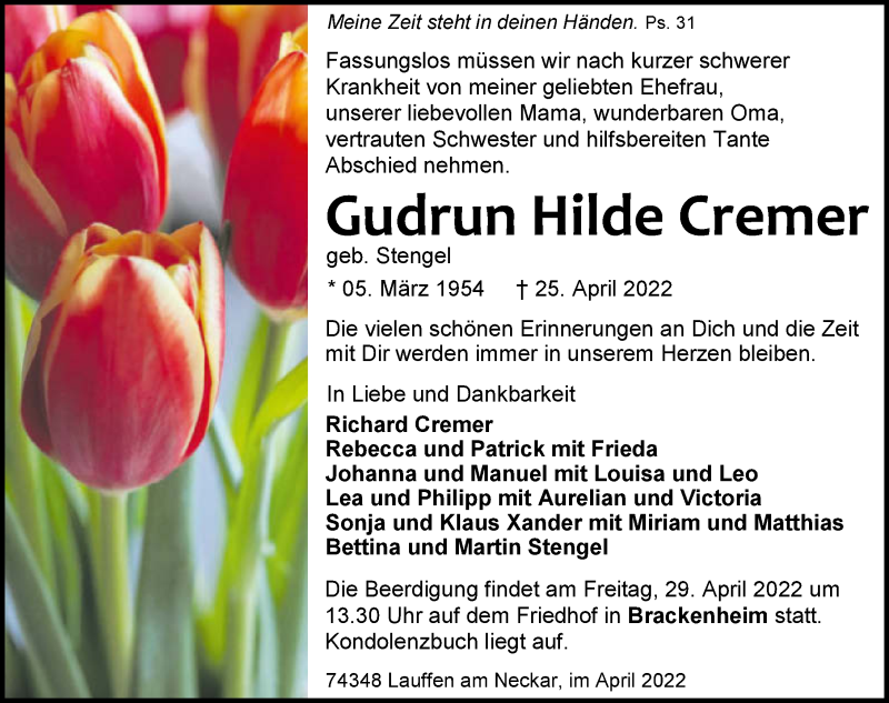  Traueranzeige für Gudrun Cremer vom 27.04.2022 aus GESAMT