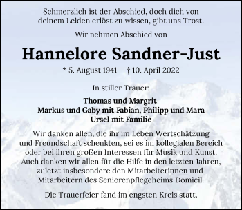 Traueranzeige von Hannelore Sandner-Just von GESAMT