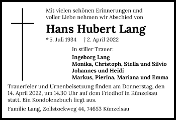 Traueranzeige von Hans Hubert Lang von GESAMT