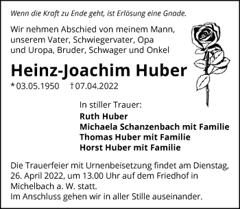 Traueranzeige von Heinz-Joachim Huber von GESAMT