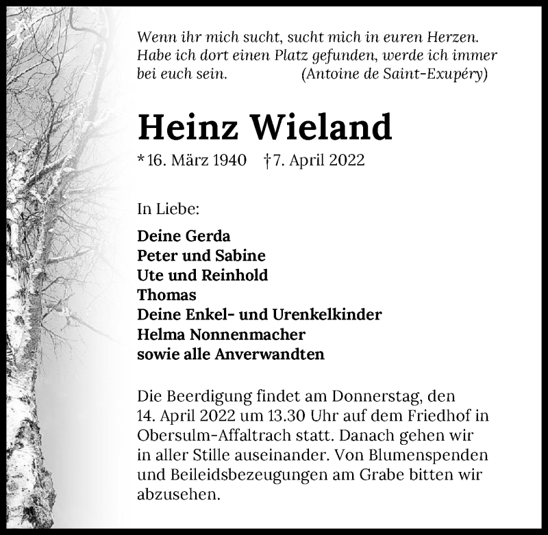  Traueranzeige für Heinz Wieland vom 12.04.2022 aus GESAMT
