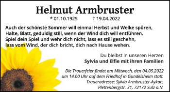 Traueranzeige von Helmut Armbruster von GESAMT