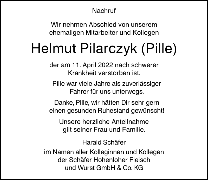  Traueranzeige für Helmut Pilarczyk vom 27.04.2022 aus GESAMT