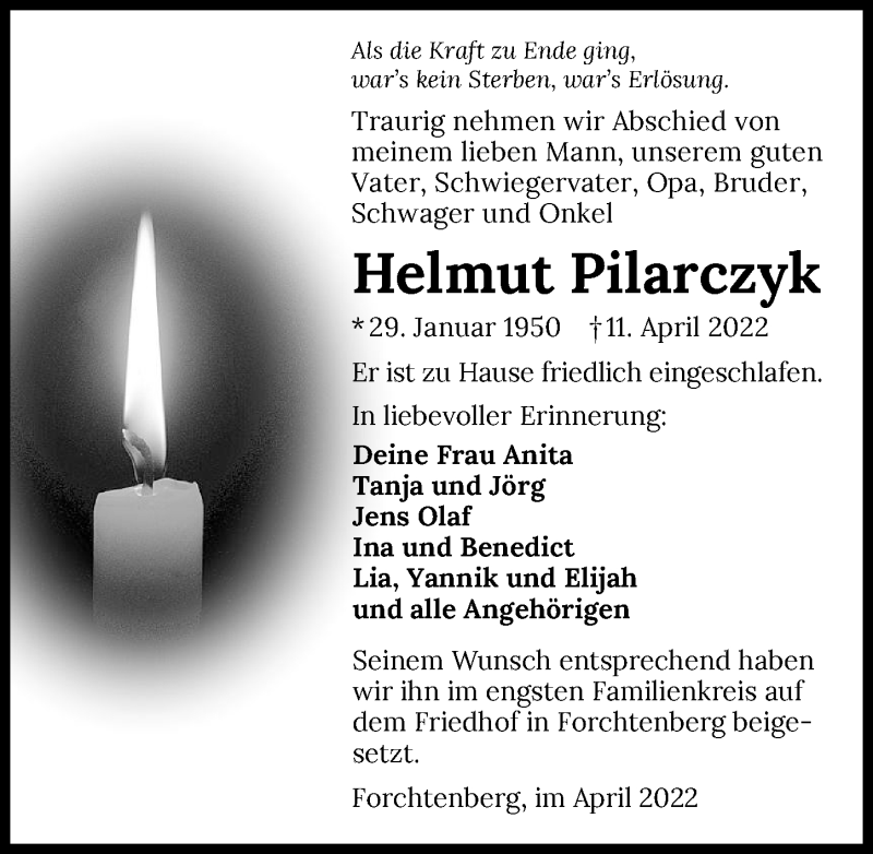  Traueranzeige für Helmut Pilarczyk vom 27.04.2022 aus GESAMT