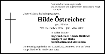 Traueranzeige von Hilde Östreicher von GESAMT