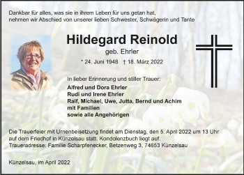 Traueranzeige von Hildegard Reinold von GESAMT