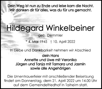 Traueranzeige von Hildegard Winkelbeiner von GESAMT