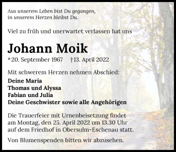 Traueranzeige von Johann Moik von GESAMT
