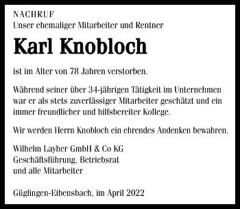 Traueranzeige von Karl Knobloch von GESAMT