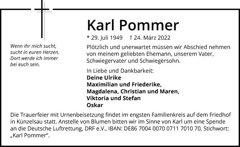  Traueranzeige für Karl Pommer vom 07.04.2022 aus GESAMT