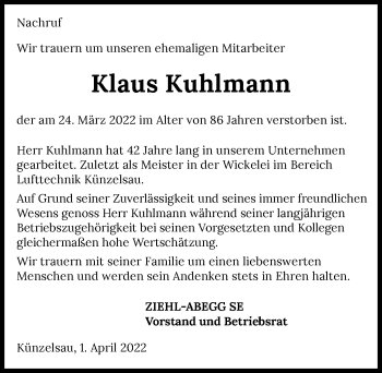 Traueranzeige von Klaus Kuhlmann von GESAMT
