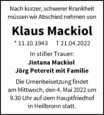 Traueranzeige von Klaus Mackiol von GESAMT