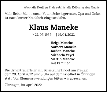 Traueranzeige von Klaus Maneke von GESAMT