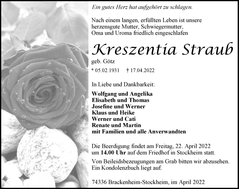  Traueranzeige für Kreszentia Straub vom 20.04.2022 aus GESAMT