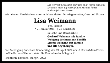 Traueranzeige von Lisa Weimann von GESAMT