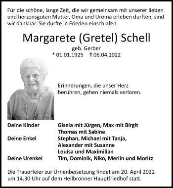 Traueranzeige von Margarete Schell von GESAMT