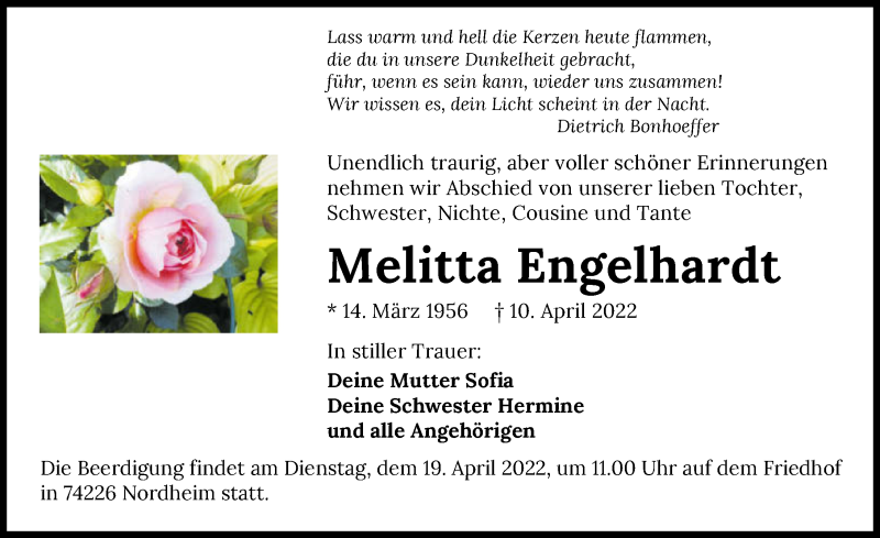  Traueranzeige für Melitta Engelhardt vom 13.04.2022 aus GESAMT