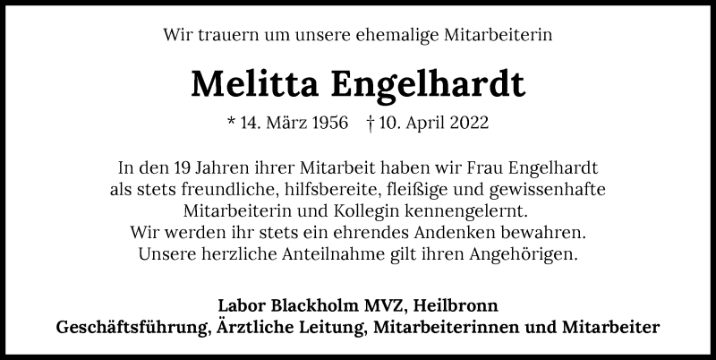  Traueranzeige für Melitta Engelhardt vom 14.04.2022 aus GESAMT