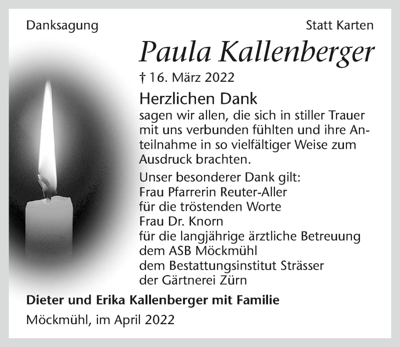  Traueranzeige für Paula Kallenberger vom 02.04.2022 aus GESAMT