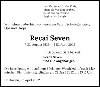 Traueranzeige von Recai Seven von GESAMT