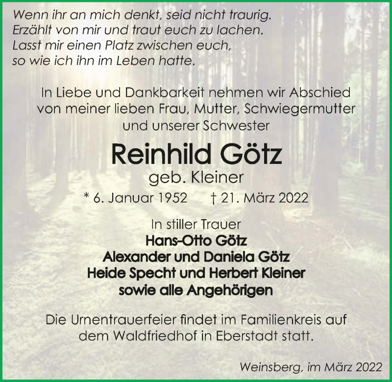  Traueranzeige für Reinhild Götz vom 02.04.2022 aus GESAMT