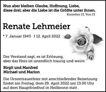 Traueranzeige von Renate Lehmeier von GESAMT