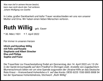 Traueranzeige von Ruth Willig von GESAMT