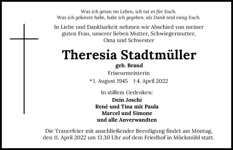  Traueranzeige für Theresia Stadtmüller vom 09.04.2022 aus GESAMT