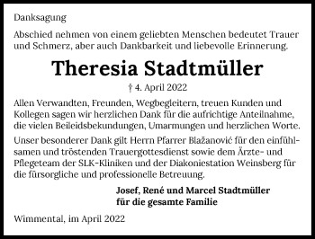 Traueranzeige von Theresia Stadtmüller von GESAMT