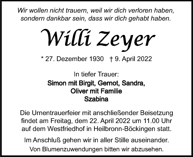  Traueranzeige für Willi Zeyer vom 16.04.2022 aus GESAMT