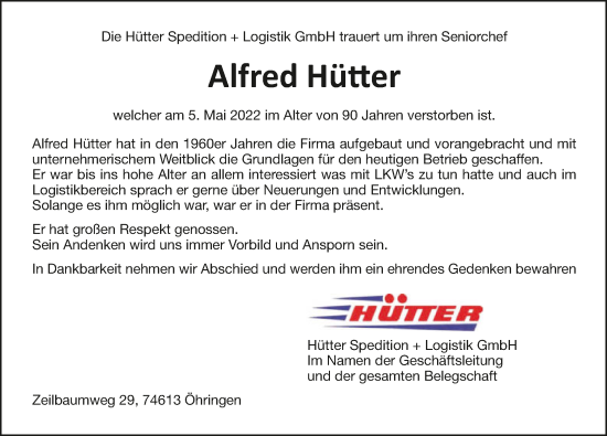 Traueranzeige von Alfred Hütter von GESAMT