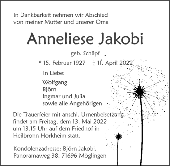 Traueranzeige von Anneliese Jakobi von GESAMT